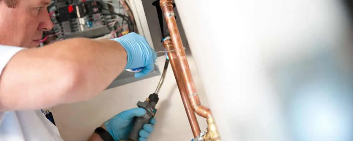 Water heater repair technician testing copper pipe connections and controls in Boulder, CO